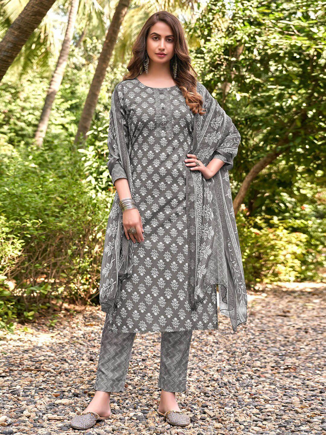 satrani women grey & white printed unstitched dress material