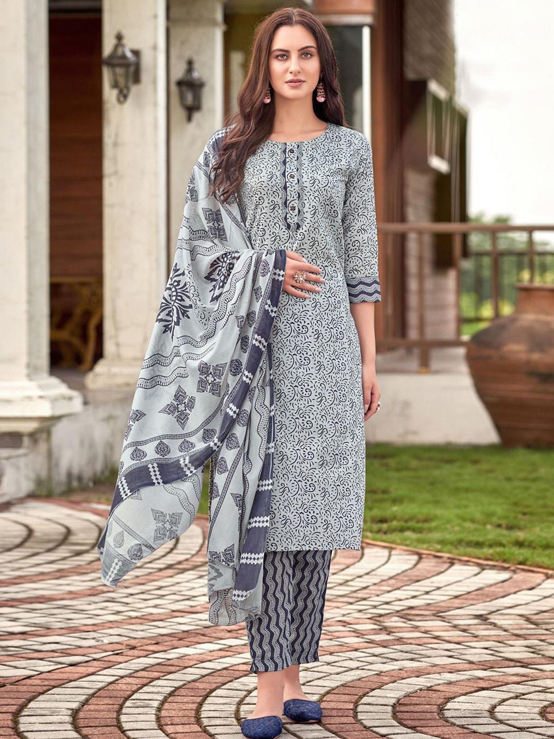 satrani women navy blue & white printed unstitched dress material
