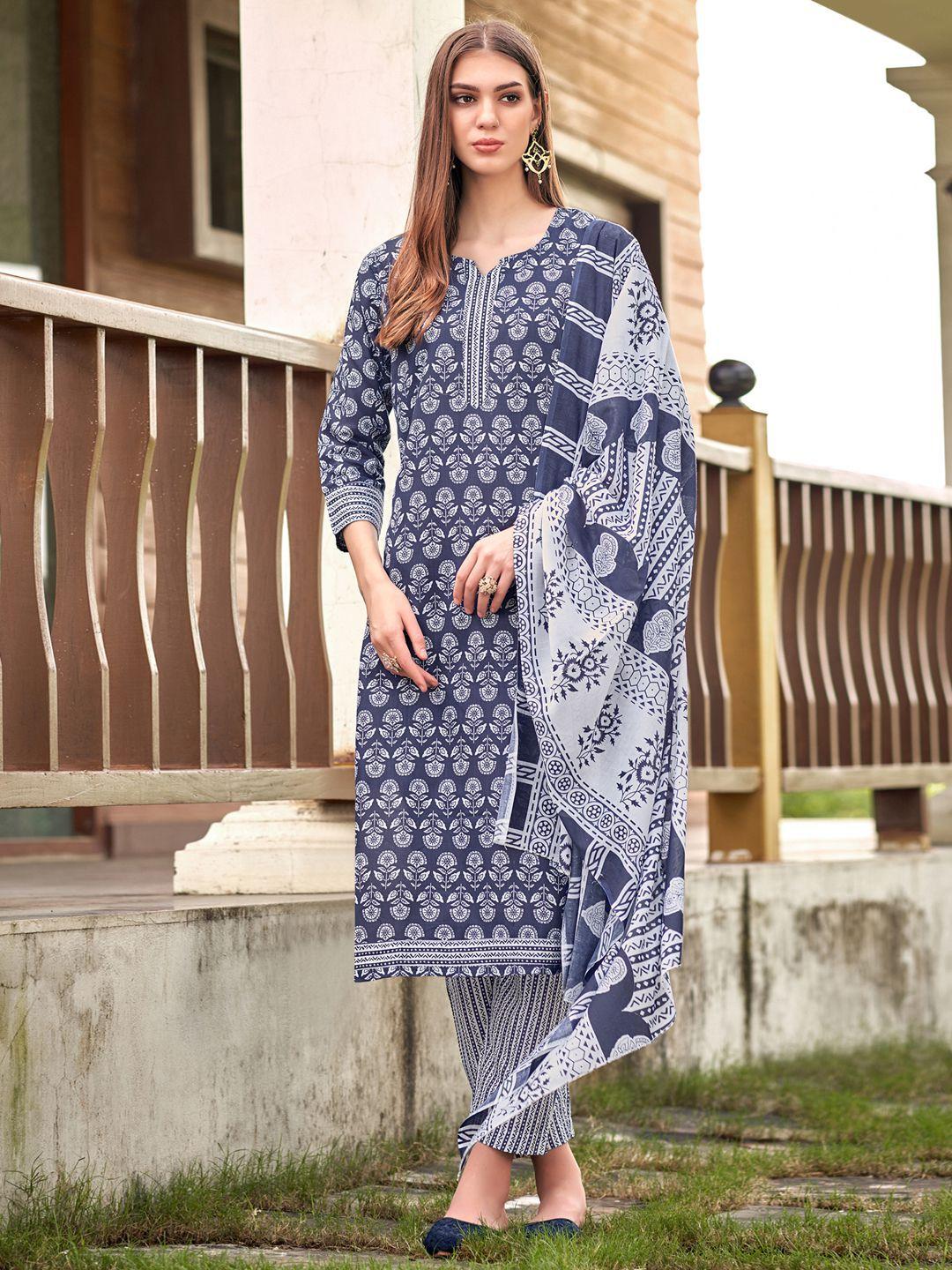 satrani women navy blue & white printed unstitched dress material
