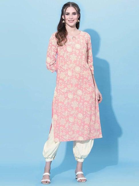 satrani baby pink cotton printed straight kurta