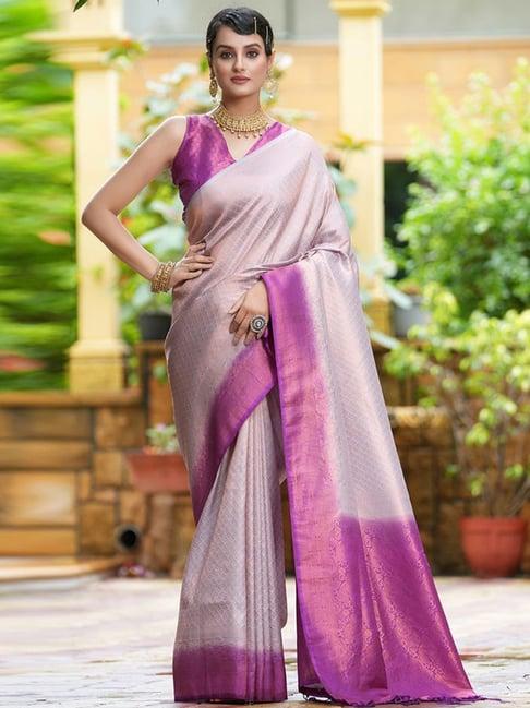 satrani beige & purple silk woven saree with unstitched blouse