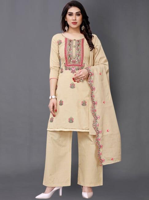 satrani beige cotton embroidered unstitched dress material