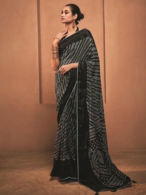 satrani black & grey printed saree with unstitched blouse