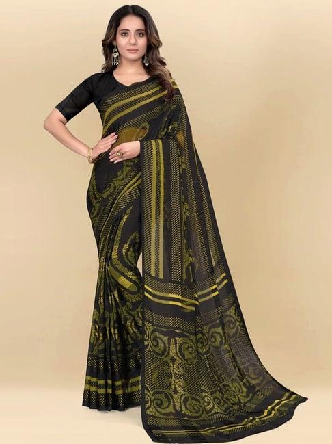 satrani black & olive green floral print saree with unstitched blouse