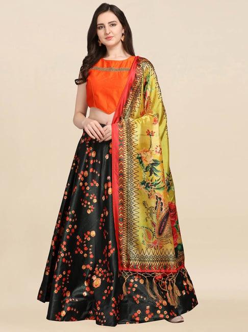 satrani black & orange printed lehenga choli set with dupatta