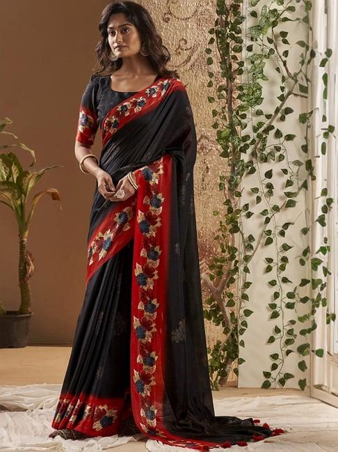 satrani black & red silk floral print saree with unstitched blouse