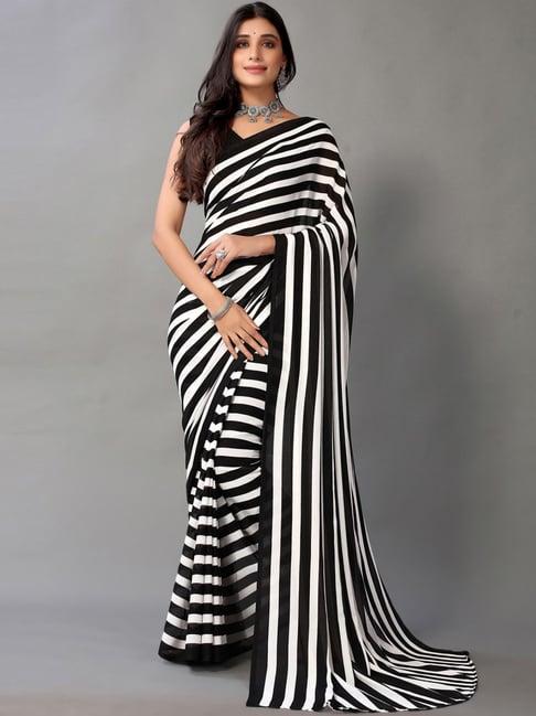satrani black & white striped georgette saree with unstitched blouse