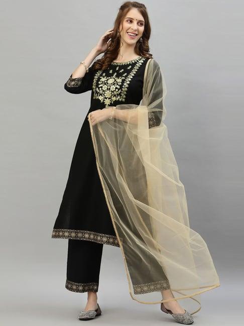 satrani black cotton embroidered kurta palazzo set with dupatta