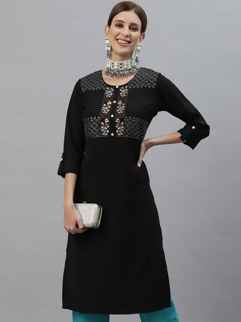 satrani black cotton embroidered straight kurta