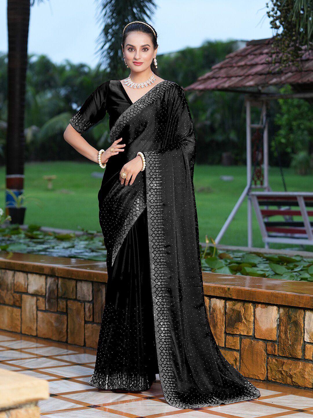 satrani black embellished beads and stones poly georgette saree