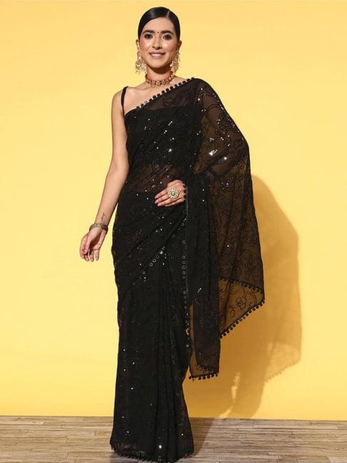 satrani black embellished saree with unstitched blouse