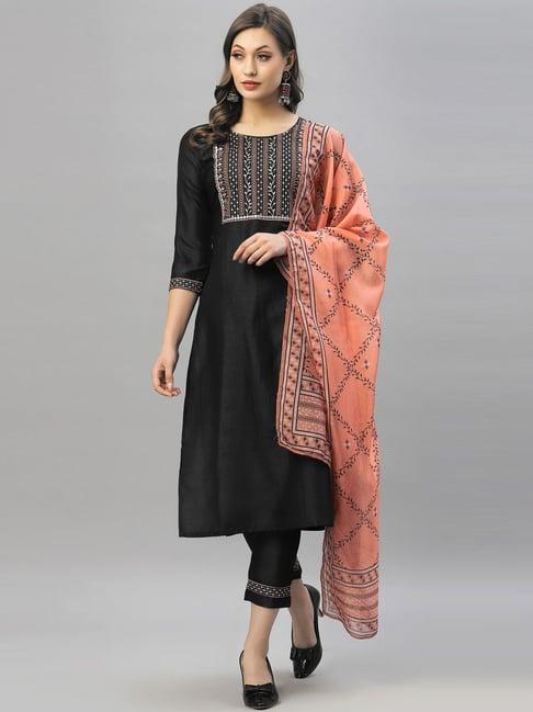 satrani black embroidered kurta pant set with dupatta