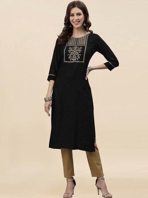 satrani black floral print straight kurta