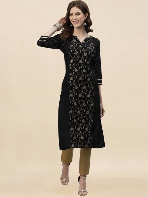 satrani black floral print straight kurta