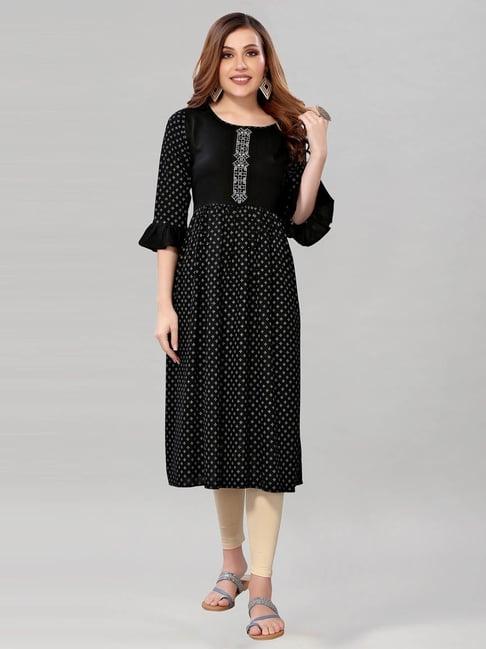 satrani black printed fit & flare kurta