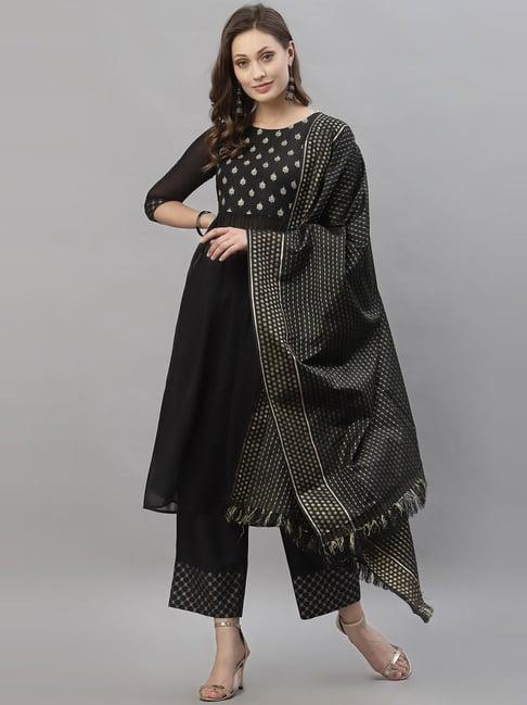 satrani black printed kurta palazzo set with dupatta