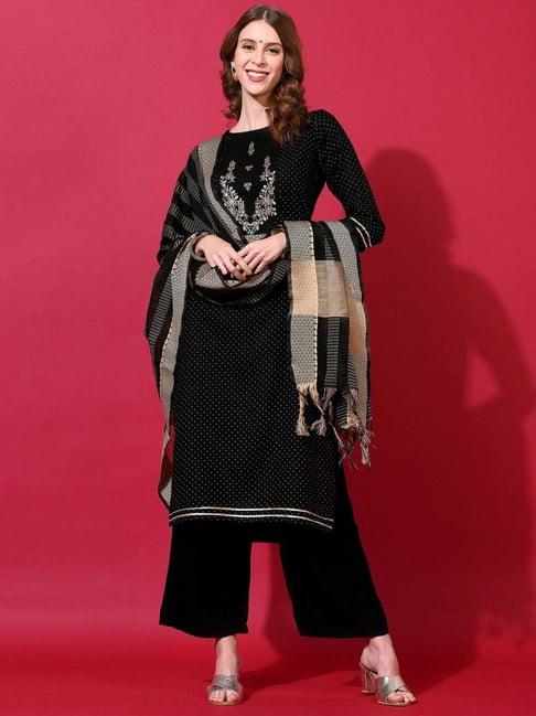 satrani black printed kurta palazzo set with dupatta