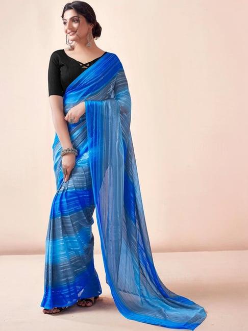 satrani blue & grey striped saree with unstitched blouse