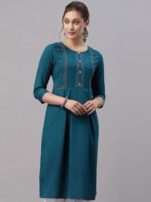 satrani blue cotton embroidered a line kurta