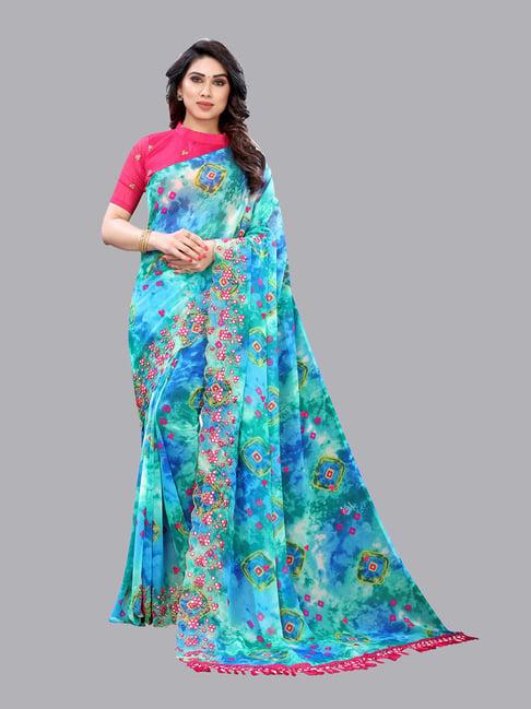 satrani blue embroidered saree with unstitched blouse piece