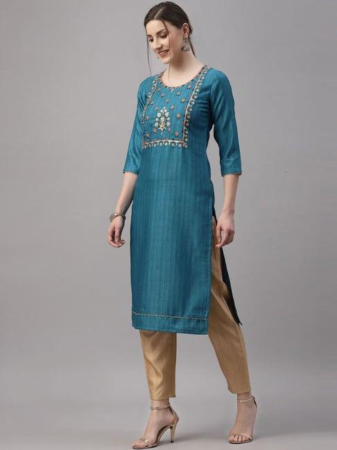 satrani blue embroidered straight kurta