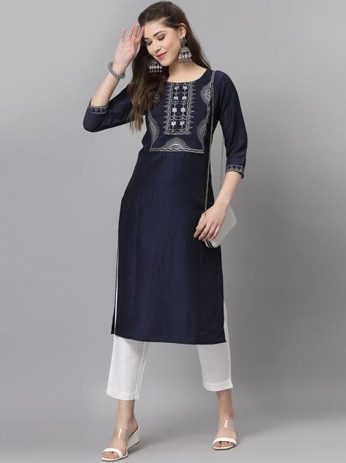 satrani blue embroidered straight kurta