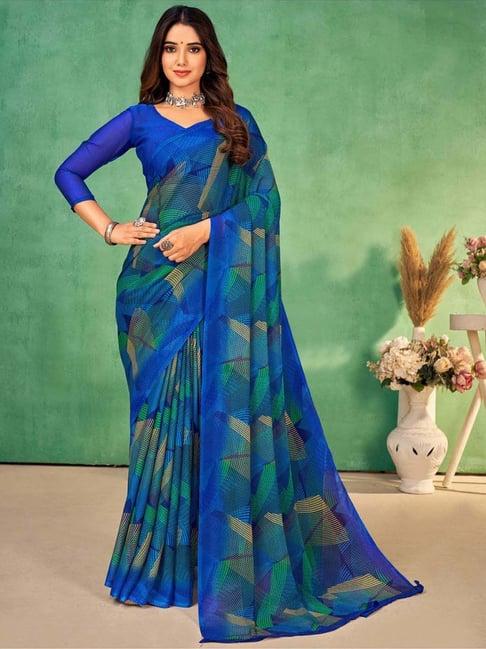 satrani blue geometric print saree with unstitched blouse