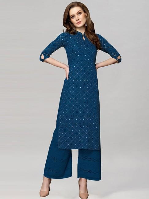 satrani blue printed a line kurta