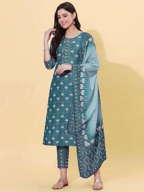 satrani blue printed kurta pant set with dupatta