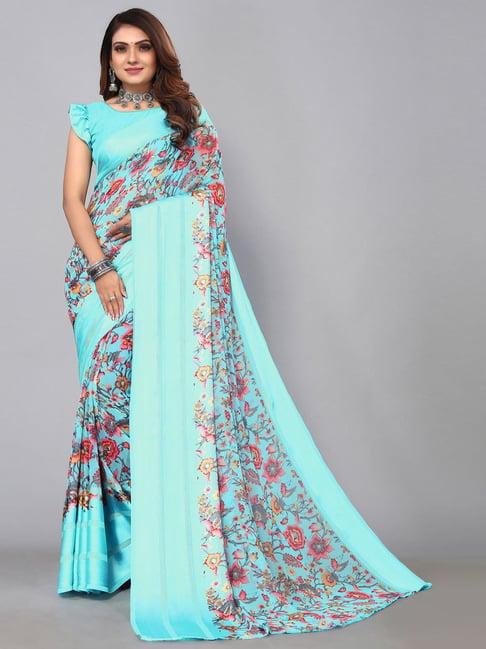 satrani blue printed saree with unstitched blouse