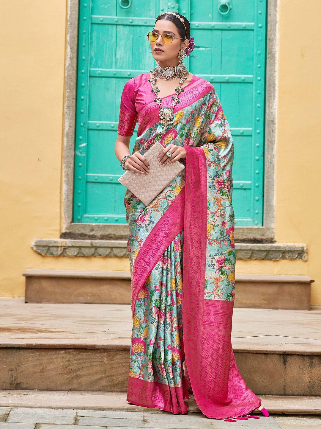 satrani blure & pink floral printed zari sungudi saree