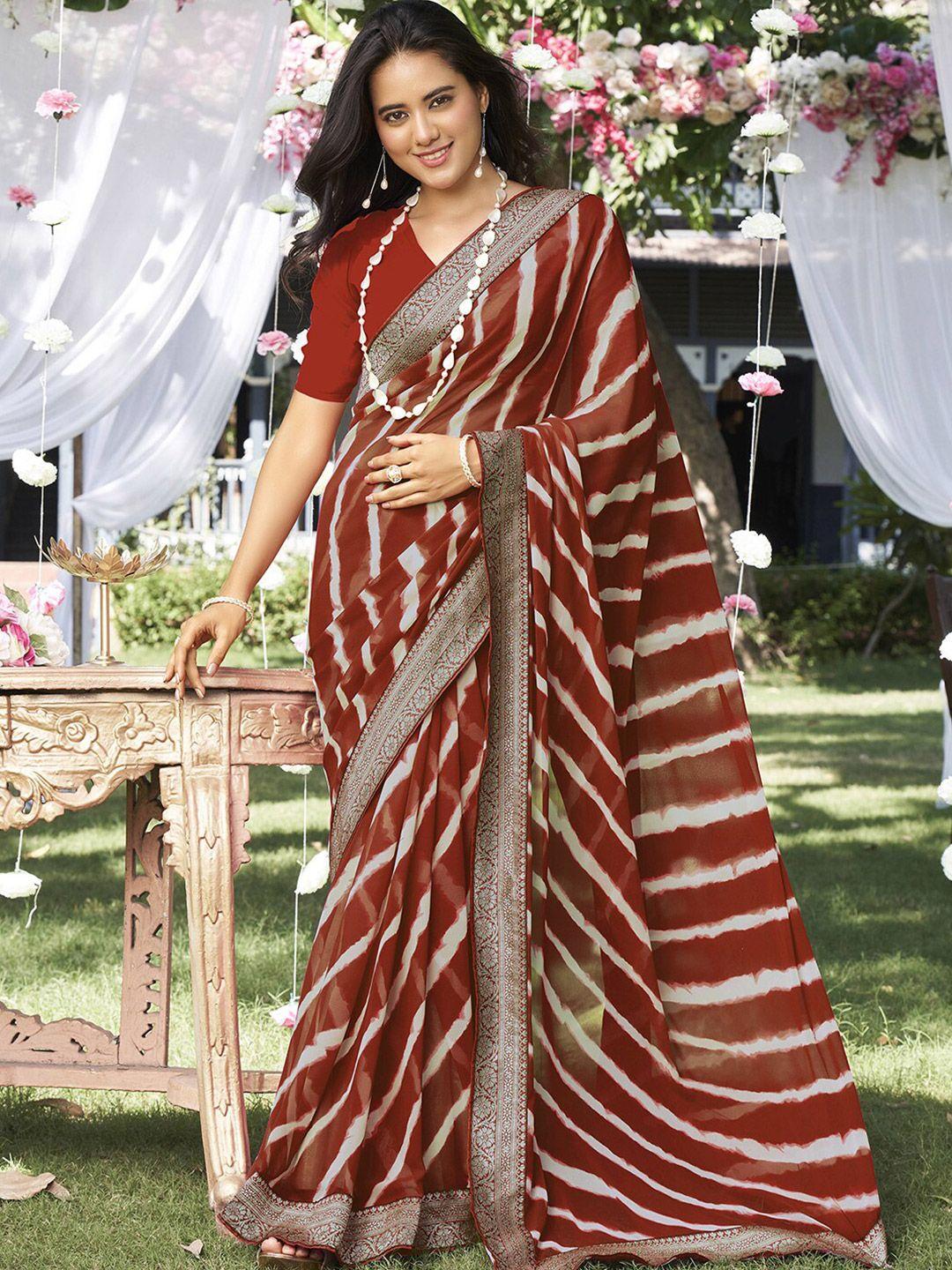 satrani brown & white leheriya striped zari poly georgette saree