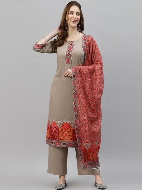 satrani brown printed kurta palazzo set with dupatta