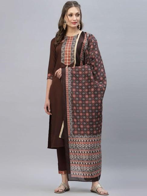 satrani brown printed kurta pant set with dupatta