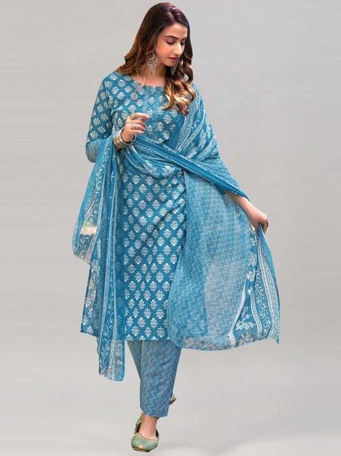 satrani cerulean blue cotton printed unstitched dress material