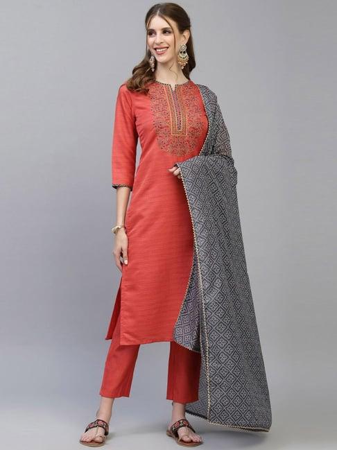 satrani coral embroidered kurta pant set with dupatta