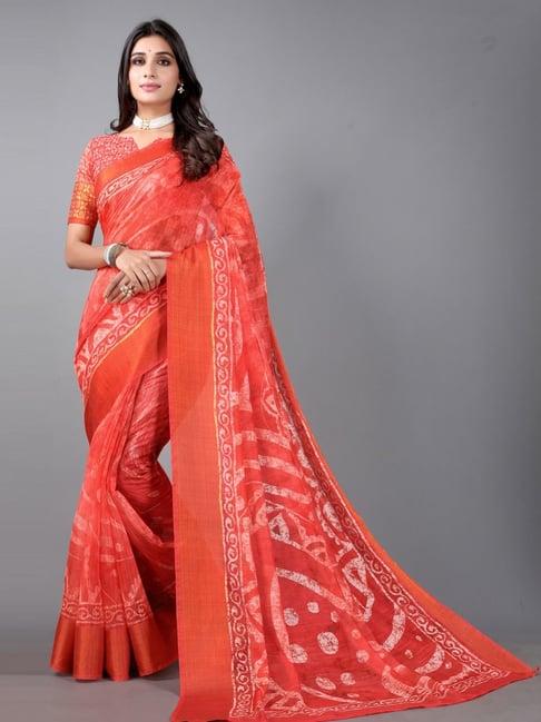 satrani coral printed saree with unstitched blouse