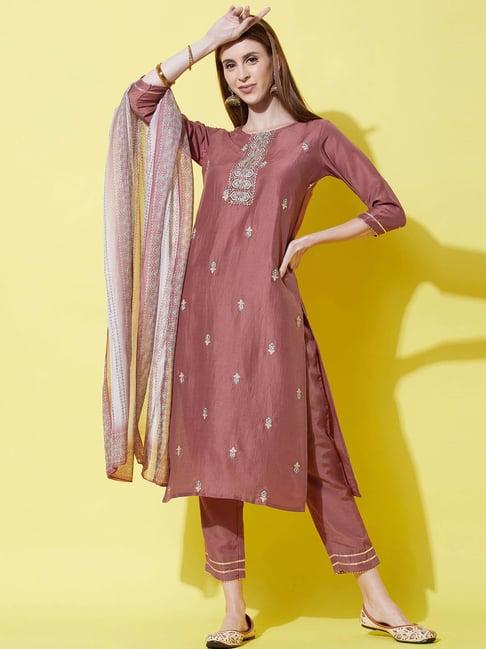 satrani dusky pink embroidered kurta pant set with dupatta