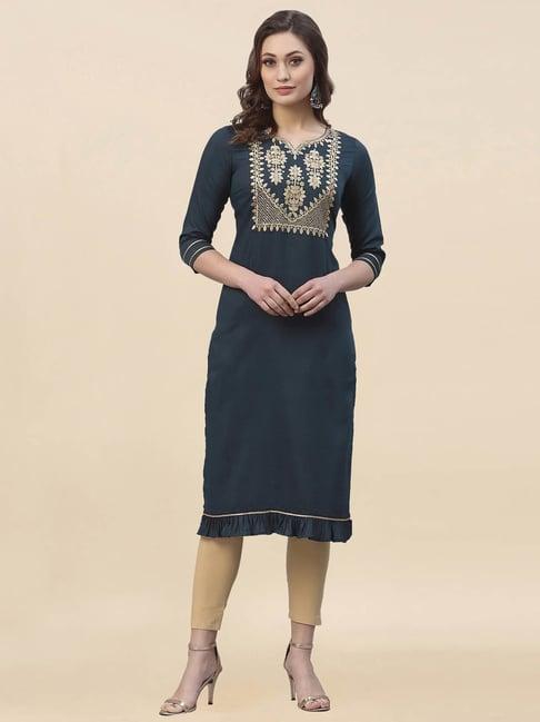 satrani dusty blue embroidered straight kurta