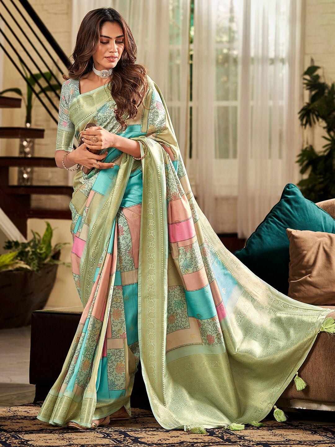 satrani floral printed zari silk cotton saree