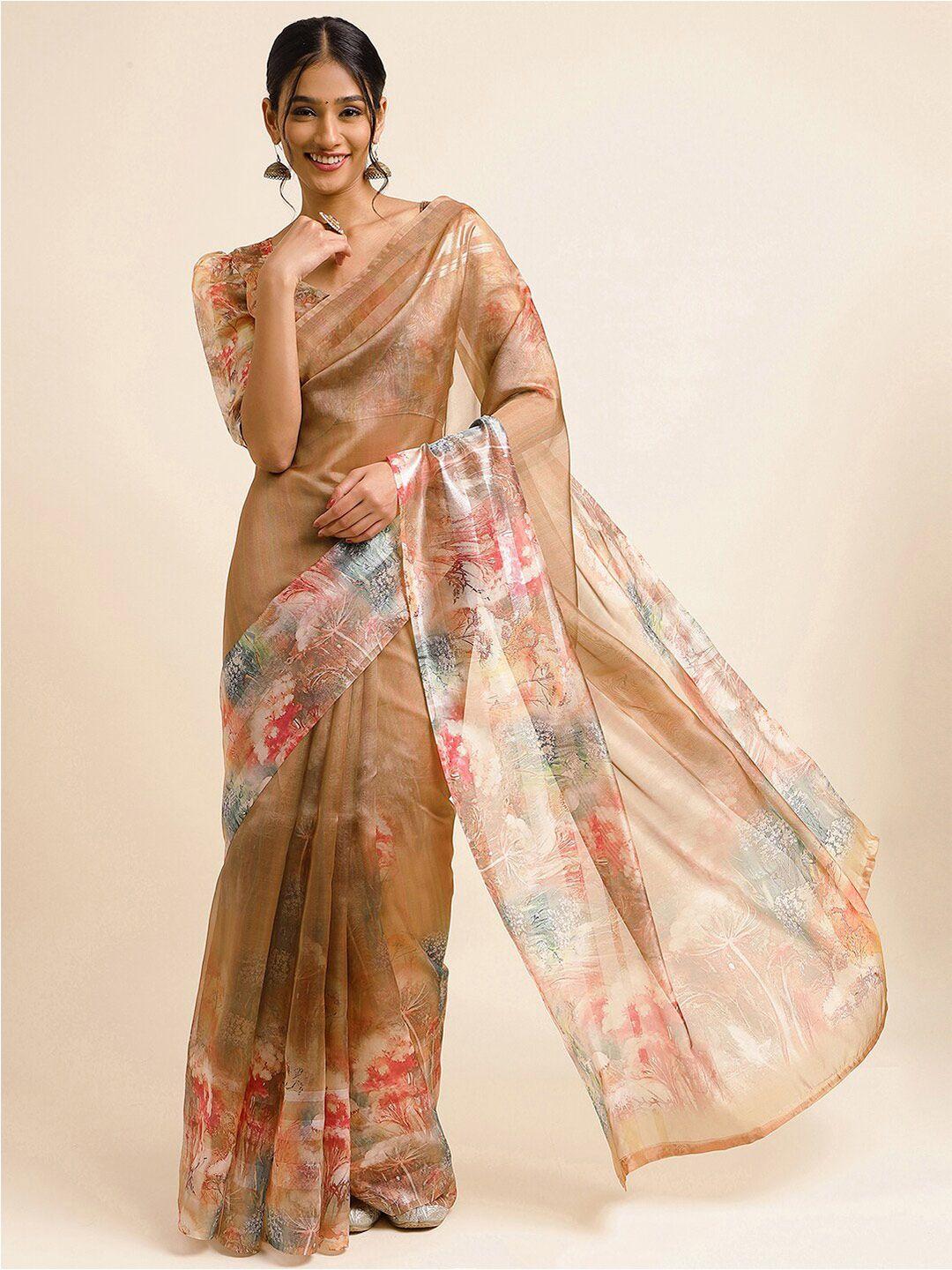 satrani gold-toned & pink floral tissue saree