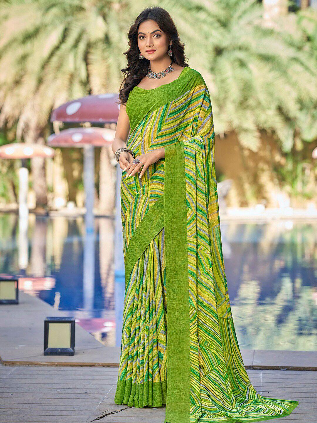 satrani green & mustard abstract printed pure chiffon saree