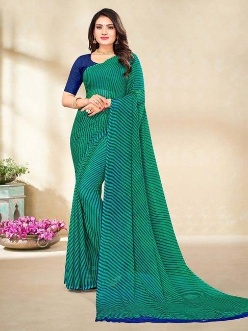 satrani green & navy striped saree with unstitched blouse