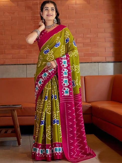 satrani green & pink cotton ikkat print saree with unstitched blouse
