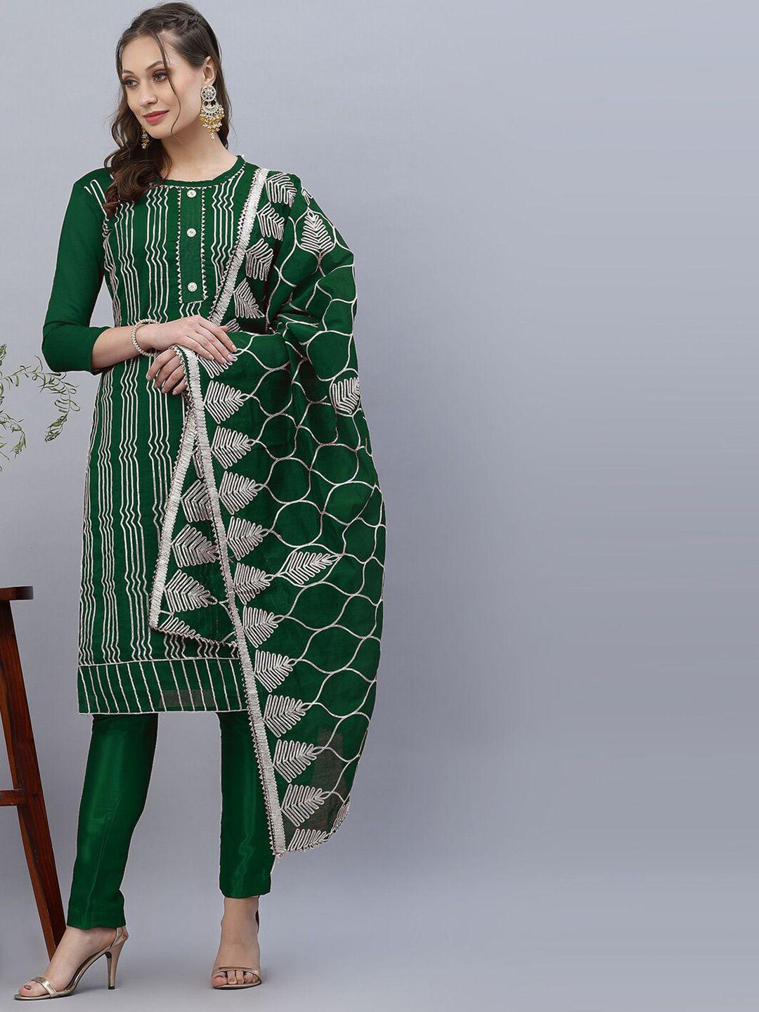satrani green & silver-toned lace embroidered unstitched dress material