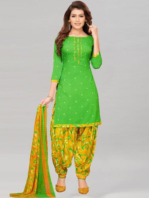 satrani green & yellow printed unstitched dress material