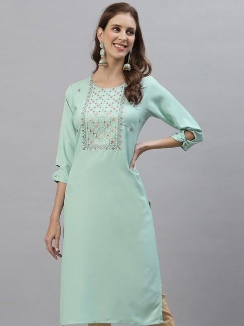 satrani green cotton embroidered straight kurta