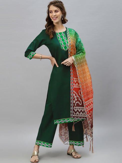 satrani green cotton printed kurta palazzo set with dupatta