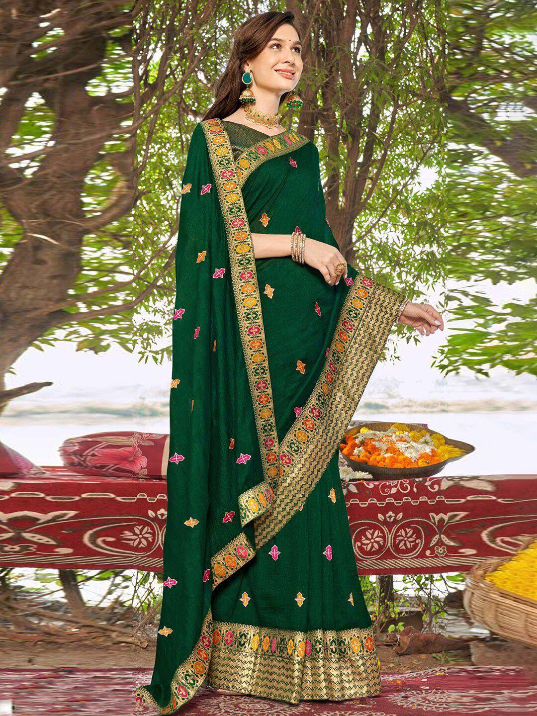 satrani green embroidered art silk fusion saree