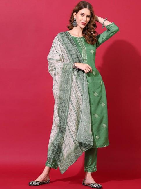 satrani green embroidered kurta pant set with dupatta